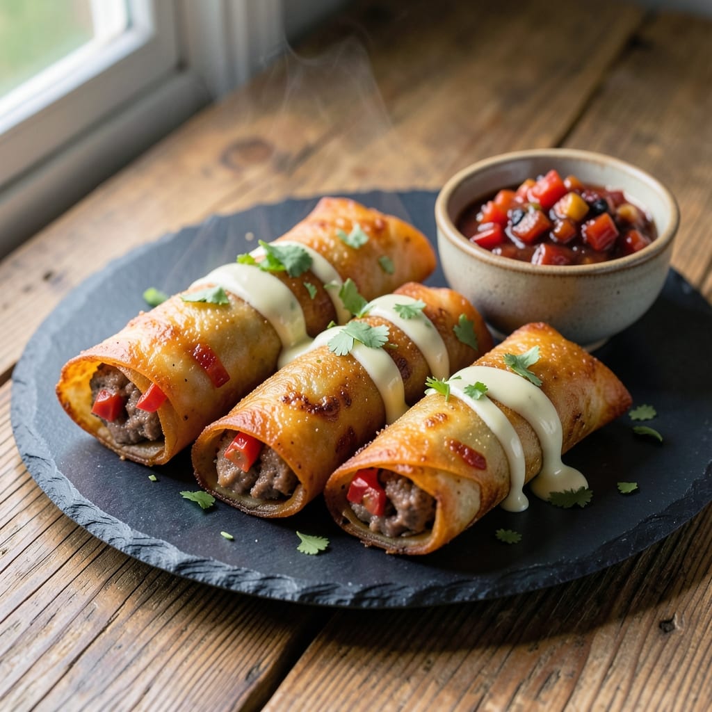 Crispy Beef Taco Egg Rolls Recipe: Breakfast Tacos in Crunchy Wonton Shells
