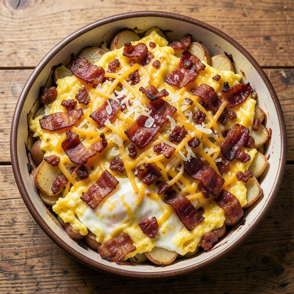Bacon Egg and Potato Breakfast Casserole Recipe: Smoky Crispy Top With Fluffy Scrambled Hearts