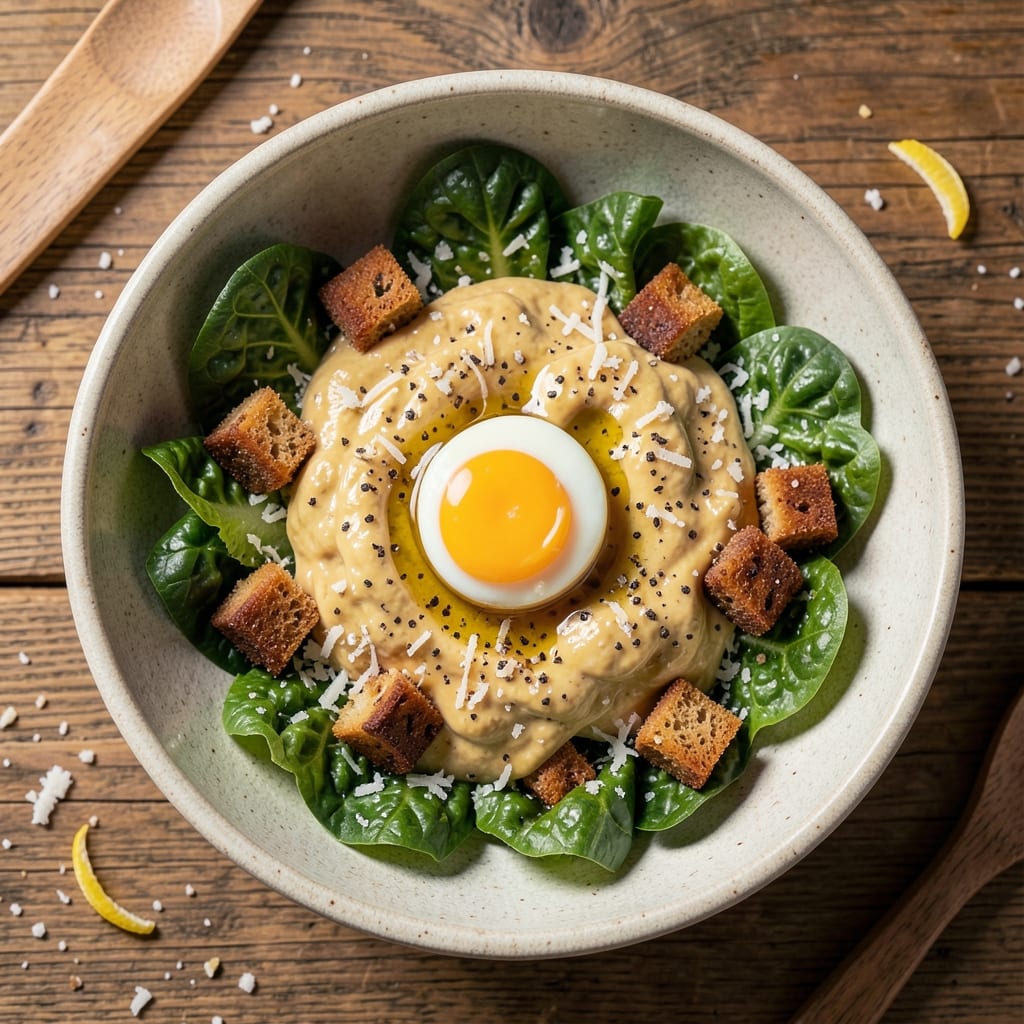 Caesar Salad With Raw Egg Recipe: Crispy Croutons and Silky Yolk Rivers