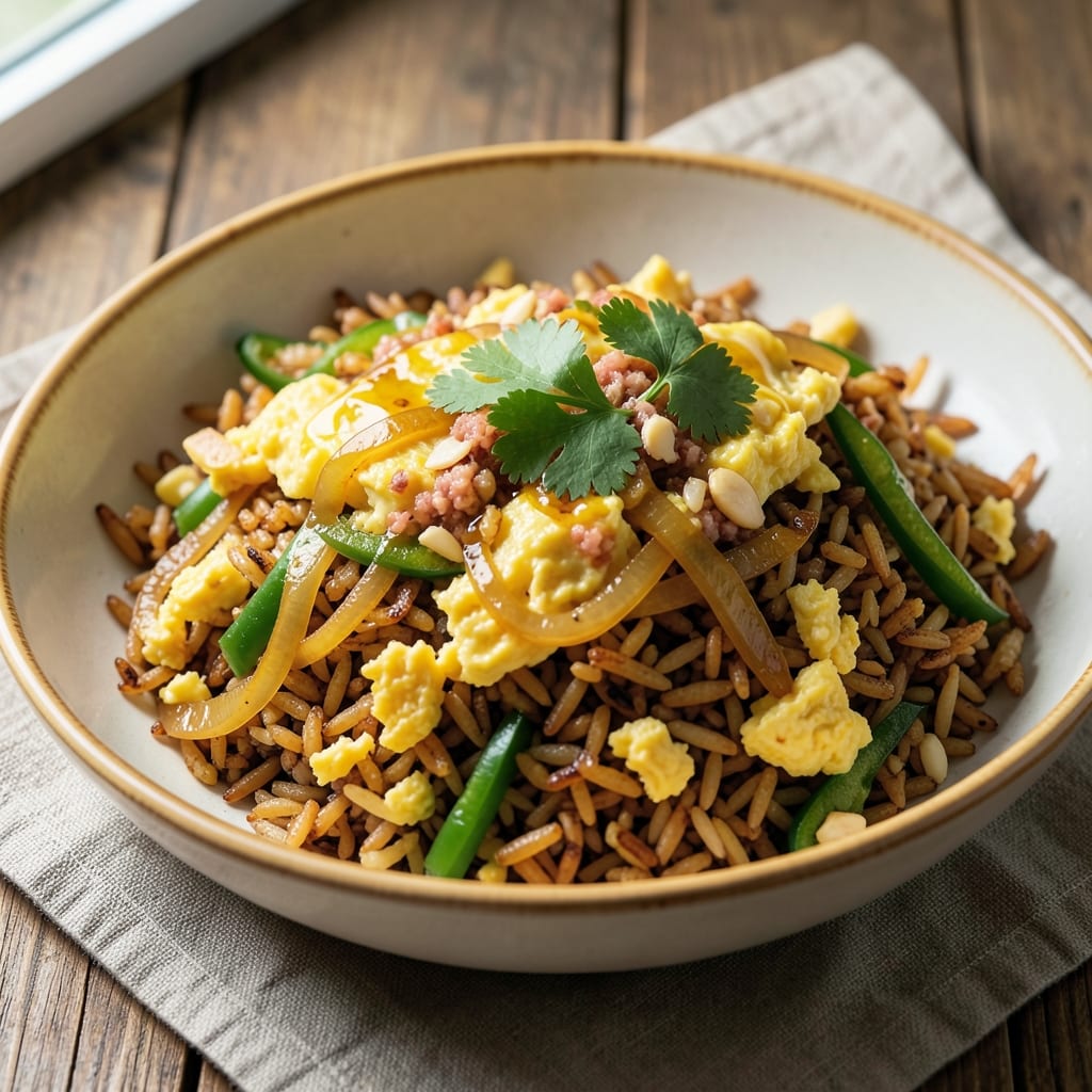 Desi Egg Fried Rice Recipe: Spiced Tomato Gravy and Soft-Boiled Eggs