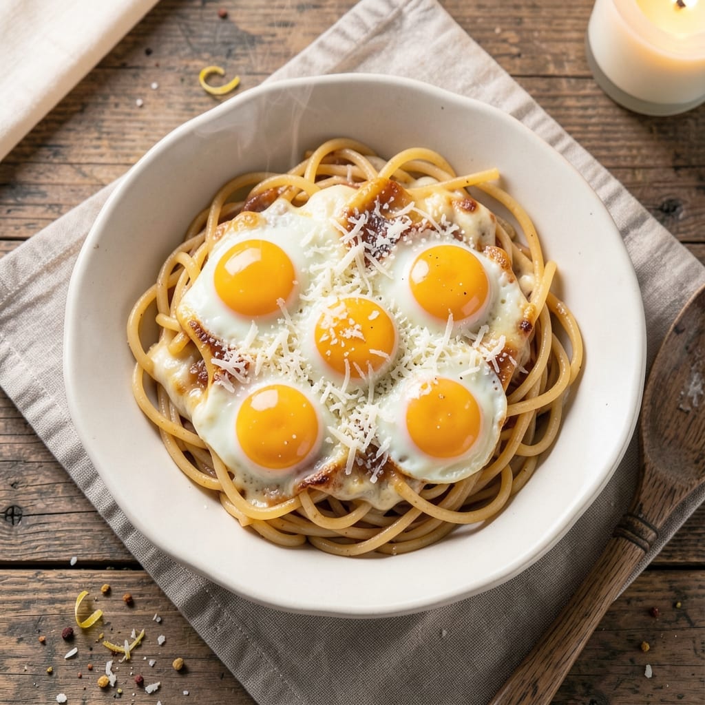 Baked Spaghetti Recipe with Egg and Parmesan Cheese: Crispy Top, Silky Yolk Rivers