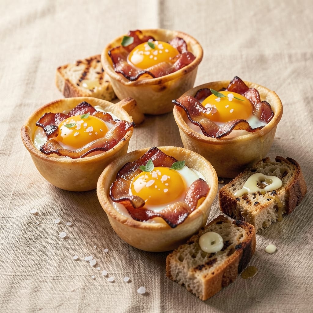 Bacon, Egg, and Toast Cups Recipe: Crispy Wonton Shells With Smoky Yolk Rivers