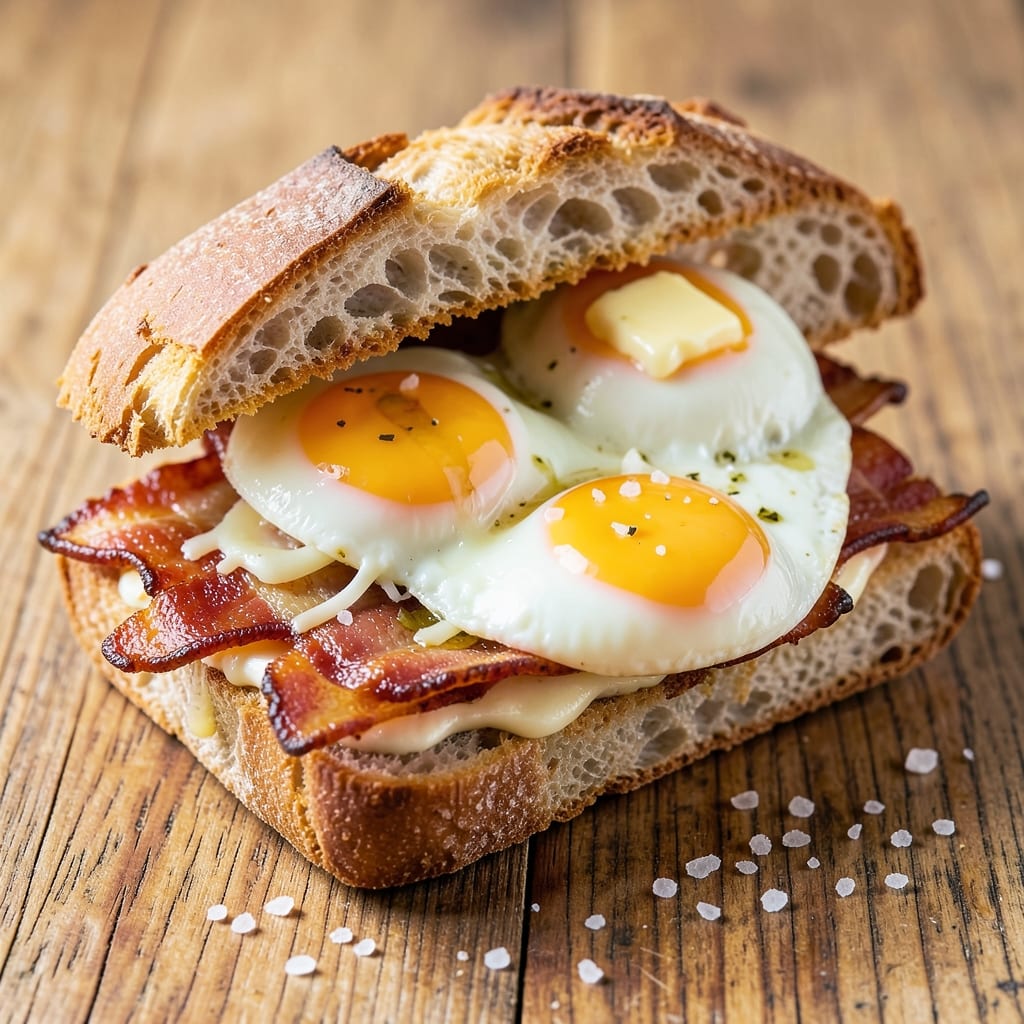 Bacon Egg Cheese Ciabatta Recipe: Crispy Bread Basket With Gooey Yolk Rivers