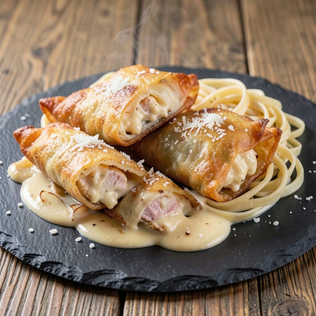 Chicken Alfredo Egg Rolls Recipe: Crispy Wonton Bites Stuffed with Creamy Pasta Filling