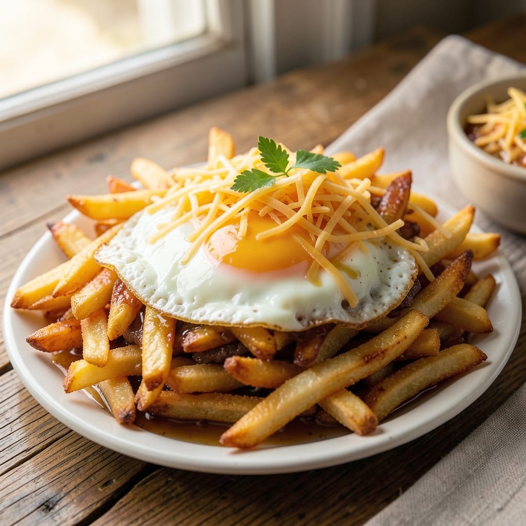 Breakfast Poutine Recipe Fried Egg Over Fries: Crispy Fries, Cheesy Gravy, and Runny Yolk Rivers