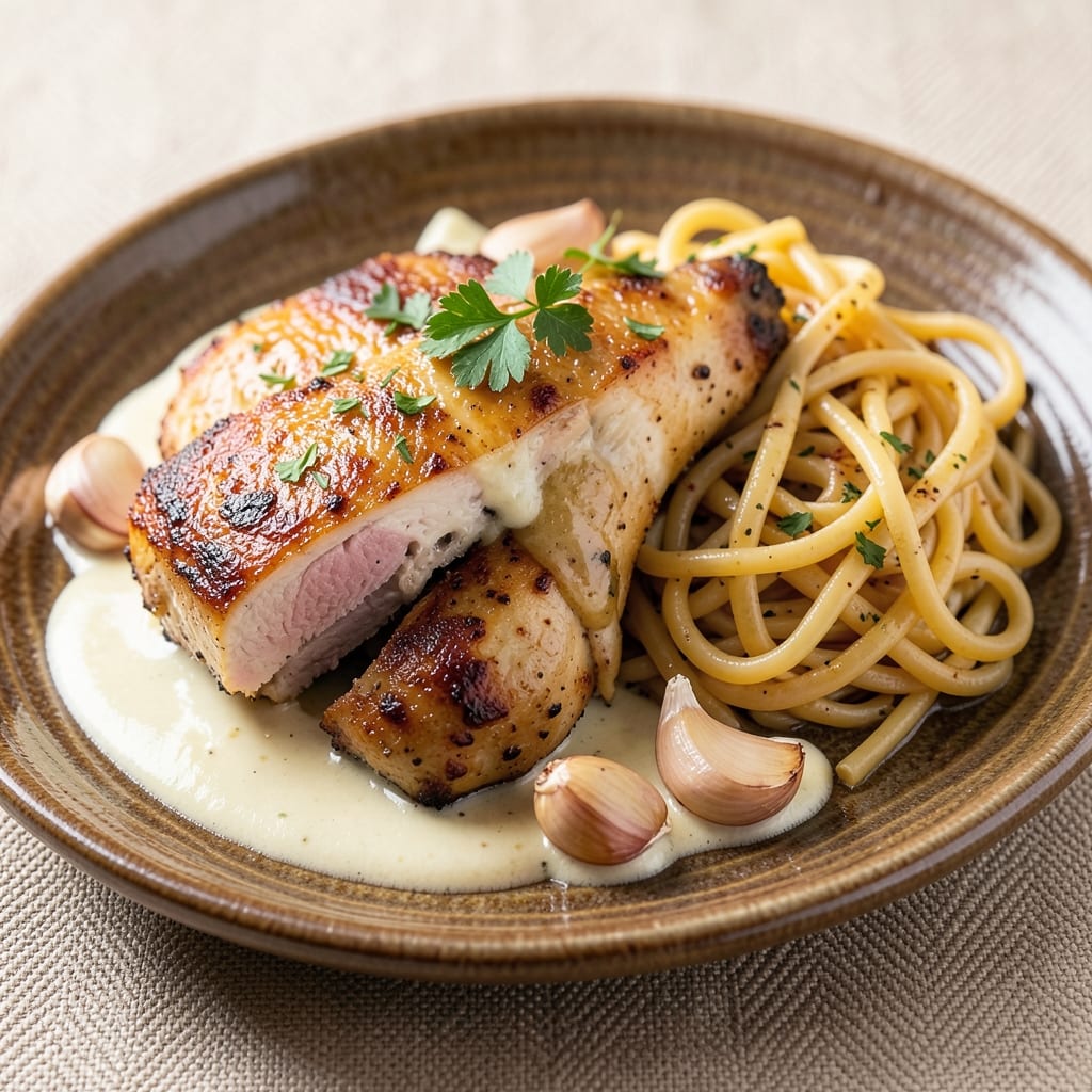 Creamy Garlic Chicken Thighs Over Egg Noodles Recipe: One-Pan Richness With Garlicky Depth