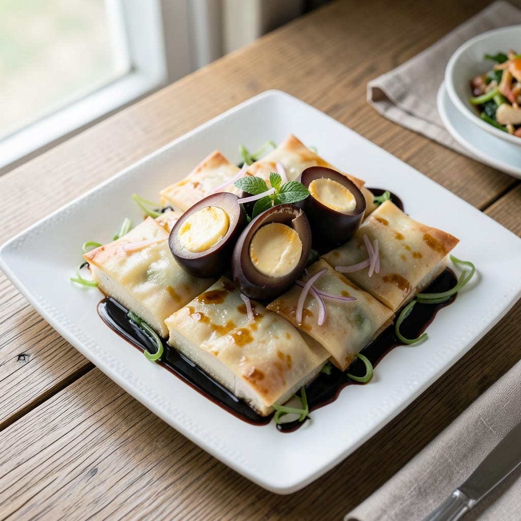Cold Tofu Century Egg Recipe: Crispy Wonton Cups with Silky Black Vinegar Hearts