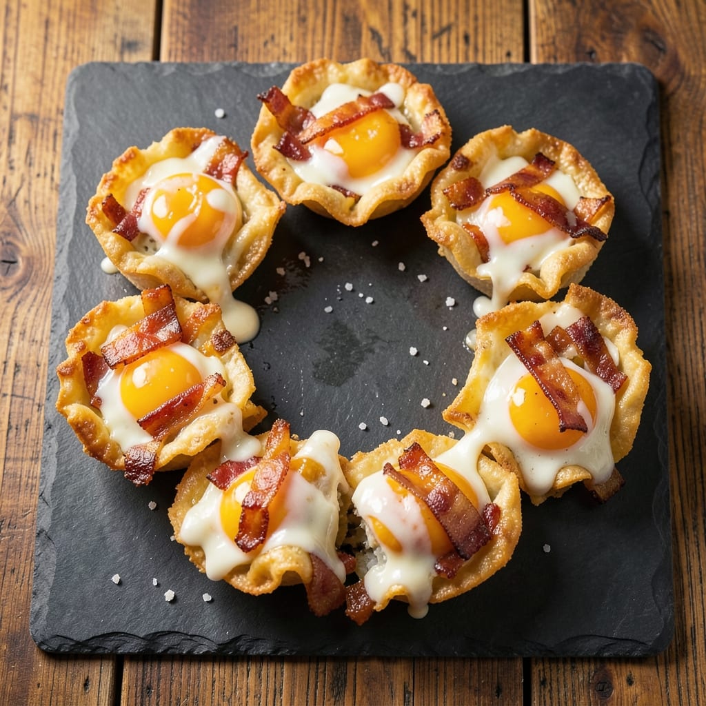 Cheesy Bacon Egg Cups Recipe: Crispy Wonton Shells with Runny Yolk Magic